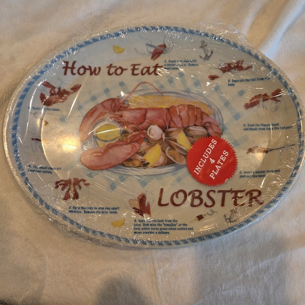 Vintage Set of 4 How to Eat Lobster Oval 13"x10" Plastic Plate/ Maine/Rustic - Picture 2 of 11